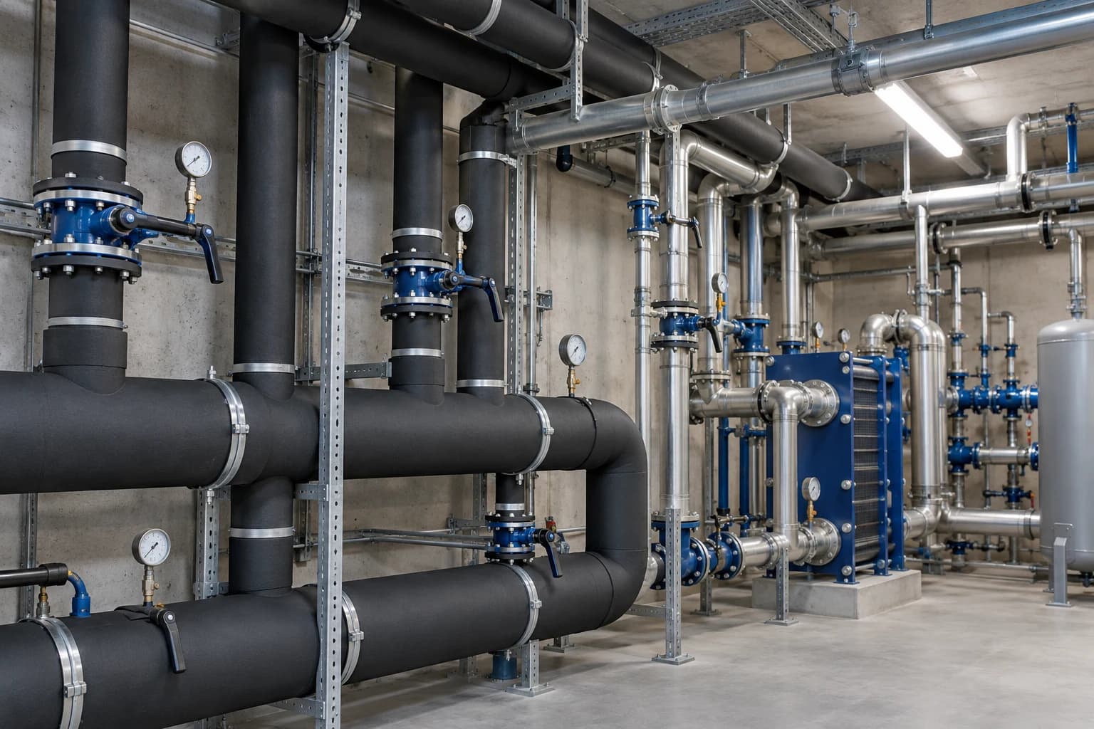 Pipes and valves in a building plant room