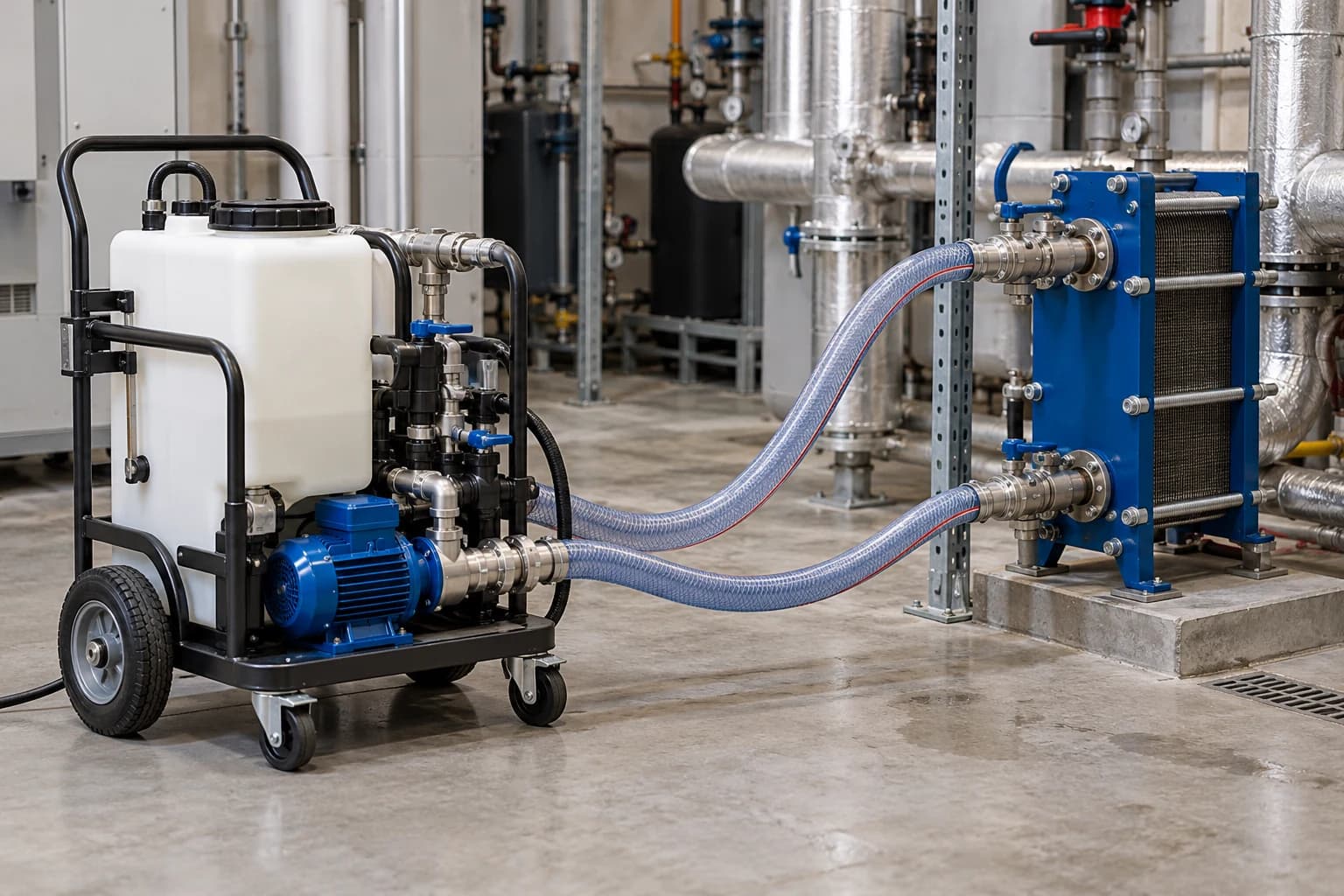 Portable cleaning unit connected to a heat exchanger