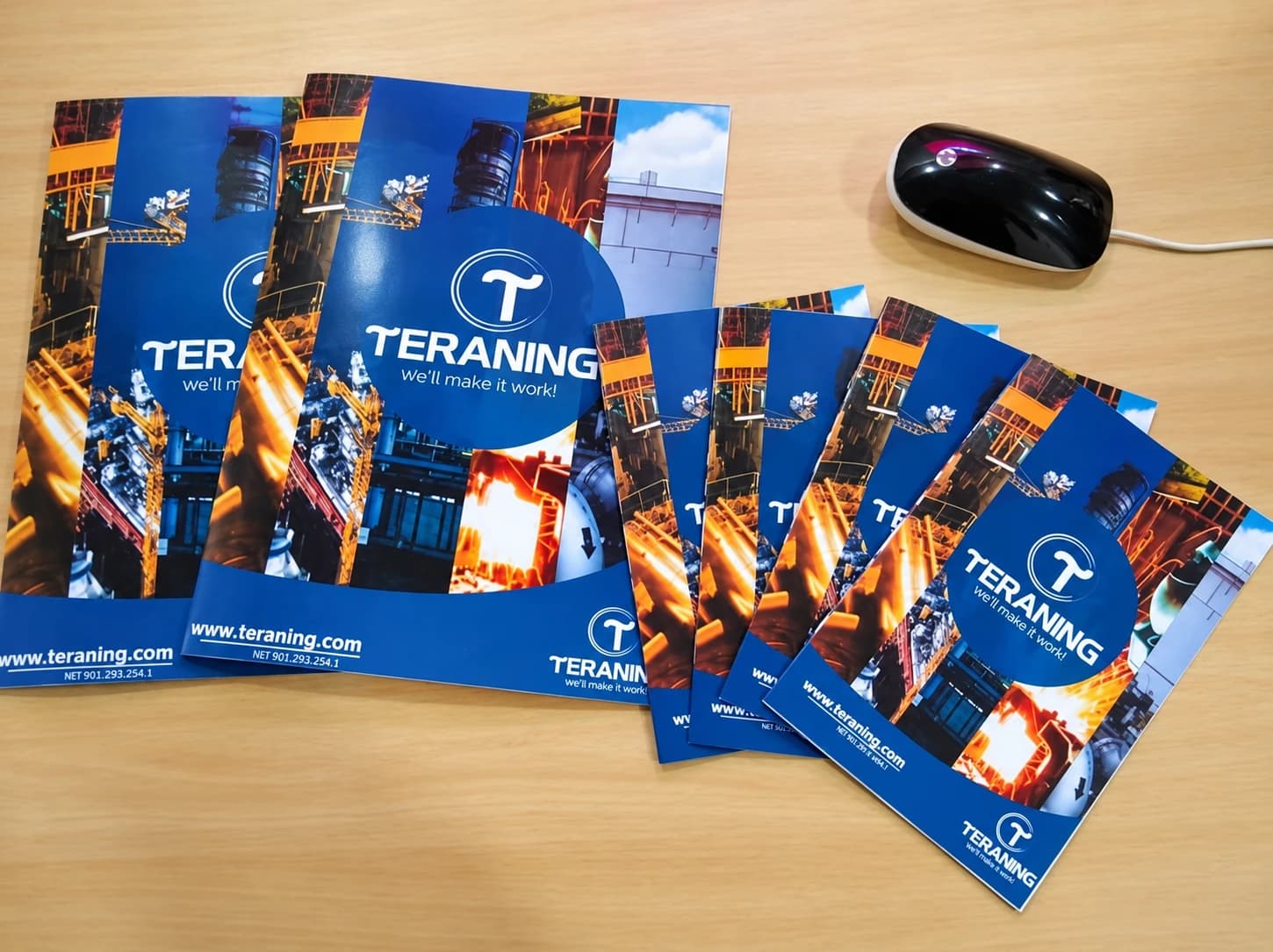 Portafolios impresos de TERANING sobre una mesa